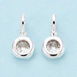 Посеребрённый Латунные микропаве прозрачные кубические циркониевые подвески, плоские круглые прелести, 925 серебро покрытием, 13x6.5x5 мм, отверстие : 2.8 мм