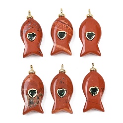 Красный Камень Природные красной яшмы подвески, подвески в виде рыбок с латунной микрофиброй и фианитами, долговечный, реальный 18 k позолоченный, без кадмия и без свинца, 27x12x6 мм, отверстие : 2 мм