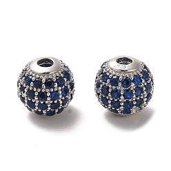 Bleu Foncé Plaqué rhodium 925 perles en argent sterling micro pavées de zircones cubiques, ronde, Platine plaqué, bleu foncé, 8x7.5mm, Trou: 2.2mm