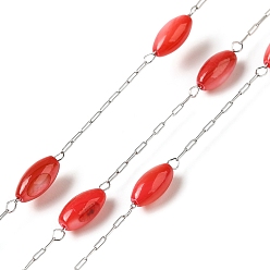 Red 304 Stainless Steel Cable Chains with Dyed Shell Beads, Rice, Soldered, with Spool, Red, 2.5x0.8x0.1mm