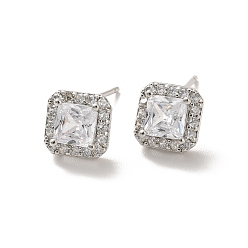 Платинированный Квадратные серьги-гвоздики из прозрачного кубического циркония, долговечные украшения из латуни с покрытием для женщин, без кадмия и без свинца, Реальная платина, 8x8 мм, штифты : 1 мм