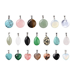 Mixed Stone Natural/Synthetic Gemstone Pendants, with Platinum Tone Brass Findings, Mixed Shapes, 7.4x7.2x1.7cm, 20pcs/box