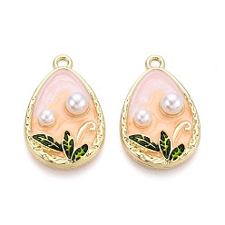 Light Gold Стойки обшивки сплава эмали подвески, слеза и лист, с ABS имитации жемчуга, золотой свет, 27x17.5x5.5 мм, отверстие : 1.8 мм