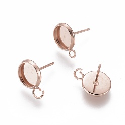 Розовое Золото 304 Настройки серьги из нержавеющей стали, с петлей, плоско-круглые, розовое золото , лоток : 8 мм, 13x10x1.5 мм, отверстия: 2 мм, штифты: 0.8 мм