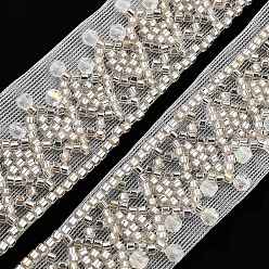 Floral White Polyester Lace Trims, with ABS Imitation Pearl Beads and Glass, Floral White, 1-1/8 inch(28mm)