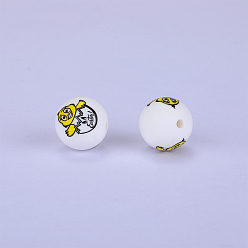 White Printed Round with Chick Pattern Silicone Focal Beads, White, 15x15mm, Hole: 2mm