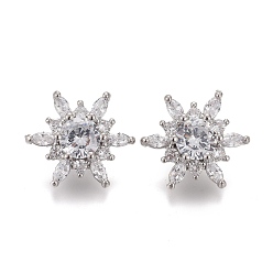 Платина Пуговицы на хвостовике из латуни с микропейвом и прозрачным кубическим цирконием, цветок, платина, 16x14x8.5 мм, отверстие : 1.4 мм