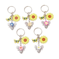 (52) Непрозрачная лаванда Брелки из сплава эмали, с бусинами ручной работы из полимерной глины и разъемными железными брелоками., цветок с пчелами, платина, разноцветные, 3 мм