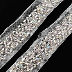 Floral White Polyester Lace Trims, with ABS Imitation Pearl Beads and Glass, Floral White, 5/8 inch(17mm)