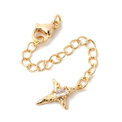 Настоящее золото 18K Удлинитель цепочки из латуни с микропаве и прозрачным кубическим цирконием, цепочки с застежками-карабинами и подвесками в виде звездочек, реальный 18 k позолоченный, 80 мм, отверстие : 2.7 мм