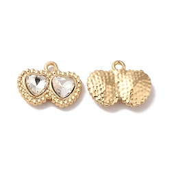 Clear Rack Plating Alloy Pandants, with Glass, Nickel Free, Double Heart Charms, Golden, Clear, 13.5x17.5x4mm, Hole: 1.6mm