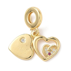 Ярко-Розовый Латунь микропаве прозрачный кубический цирконий европейские подвески с подвесками, Сердцевые серьги с отверстиями, реальный 18 k позолоченный, ярко-розовый, 25 мм, отверстие : 4.8 мм