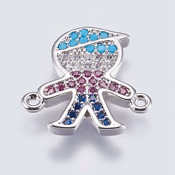 Platinum Brass Micro Pave Cubic Zirconia Links, Boy, Colorful, Platinum, 15x15x2mm, Hole: 1mm