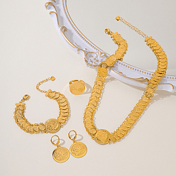 Золотой Комплекты круглых браслетов, серег, ожерелий и колец из латуни в ближневосточном стиле для женщин, золотые, ожерелья: 17.72 дюйм (45 см)