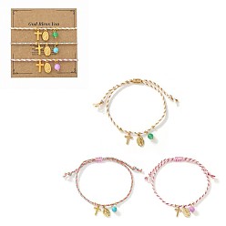 Mixed Color 3Pcs 3 Colors Bohemian Brass Religon Cross Virgin Charm Bracelet Sets, Braided Cotton Cord Adjustable Stackable Bracelets, Golden, with Paper Display Card, Mixed Color, 11.02 inch(28cm), 1pc/color