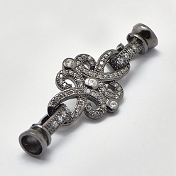 Черный Цвет Металла Латунные микро проложить кубического циркония раз за застежками, цветок, металлический черный , 40x15.5 мм, отверстие : 2 мм