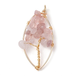 Rose Quartz Natural Rose Quartz Chip Pendants, Golden Plated Brass Leaf Charms, 35~37x17~19x4.5~6.5mm, Hole: 3.3mm