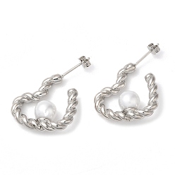Platinum Rack Plating Brass Heart Stud Earrings, Half Hoop Earrings with Plastic Imitation Pearl Beads, Cadmium Free & Lead Free, Long-Lasting Plated, Platinum, 20.5x7.5mm