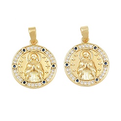 Chapado en Oro Real 18K Colgantes de latón con microengaste de circonitas cúbicas azul marino., redondo plano con encantos de la virgen maría, real 18 k chapado en oro, 18.5x16x2.5 mm, agujero: 4.5x2.5 mm