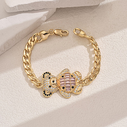 Pink Латунь микро проложить кубического циркония браслеты ссылку, кубинская цепочка ювелирные изделия для женщин, медведь, со сплавочной фурнитурой, золотые, розовые, внутренний диаметр: 7-7/8 дюйм (20 см)