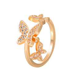 Rose Gold Brass Micro Pave Cubic Zirconia Open Cuff Rings, Butterfly, Rose Gold, 23mm