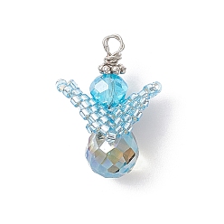 Темно-Голубой Стеклянные подвески, ангел, со стеклянным бисером и медной проволокой, граненые, глубокое синее небо, 22.5x15x11 мм, отверстие : 1.6 мм