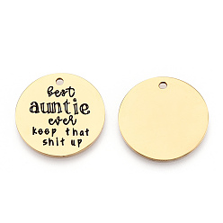 Золотой 201 подвески из нержавеющей стали, плоские круглые со словом, золотые, 30x1.5 мм, отверстие : 2 мм