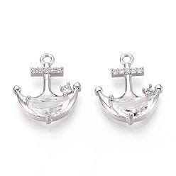 Платинированный Латунные микро проложить кубического циркония подвески, без кадмия, без никеля и без свинца, якорь, Реальная платина, 16x13.5x4 мм, отверстие : 1.2~1.4 мм