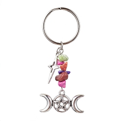 Moon Tibetan Style Alloy Keychain, with Dyed Synthetic Turquoise Beads Strands, Iron Split Key Rings, Star with Moon, Moon, 6.7cm, Moon: 43x30x7mm