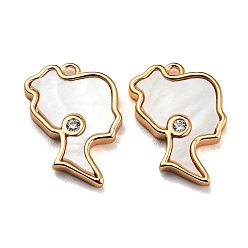 Golden Natural White Shell & Clear Cubic Zirconia & Brass Pendants, Girl Head, Golden, 15x12x2mm, Hole: 1mm
