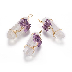 Amethyst Natural Quartz Crystal Big Pendants, with Amethyst Chips and Brass Findings, Nuggets, Golden, 58~105x22~35mm, Hole: 5~12mm