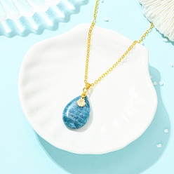 Golden Natural Apatite Teardrop Pendant Brass Cable Chain Necklaces for Women, Deep Sky Blue, Golden, 16.42 inch(41.7cm)
