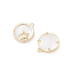 Real 18K Gold Plated Rack Plating Brass Flat Round Charms with Shell, Long-Lasting Plated, Real 18K Gold Plated, 13x11x2mm, Hole: 1mm