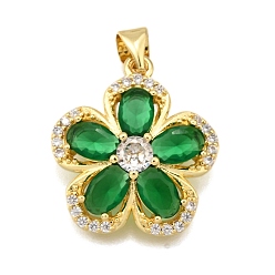 Зеленый Стеклянные подвески, с реечной обшивкой из латуни микропаве с фурнитурой из фианита, цветок, без кадмия и без свинца, долговечный, реальный 18 k позолоченный, зелёные, 20.5x18.5x5.5 мм, отверстие : 5x3.5 мм