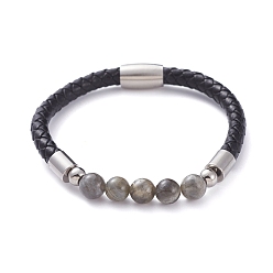 Labradorite Unisex Leather Cord Bracelets, with Natural Labradorite Round Beads, 304 Stainless Steel Magnetic Clasps and Rondelle Beads, with Cardboard Packing Box, 8-1/8 inch(20.5cm)