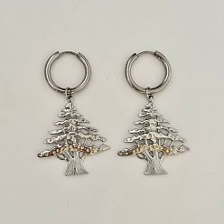 Silver Christmas 304 Stainless Steel Hoop Dangle Earrings for Women, Christmas Tree, Silver, 47.3mm