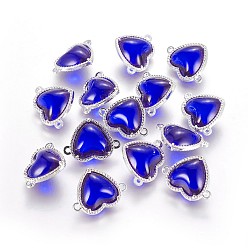 Синий Соединители стеклянные ссылки, с элементами из экологически чистого сплава, сердце, серебряный цвет гальваническим, синие, 14x18.5x7 мм, отверстие : 1.2 мм