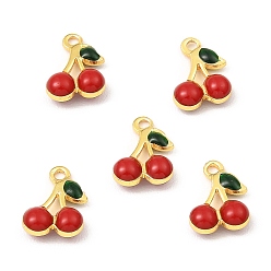 Red Brass Enamel Charms, Real 18K Gold Plated, Long-Lasting Plated, Lead Free & Cadmium Free, Cherry Charm, Red, 10x7x3mm, Hole: 1.2mm