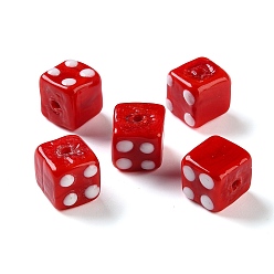 Красный Бусины лэмпворк , куб с точкой, красные, 10~10.5x10~11x10~11 мм, отверстие : 1.8 мм