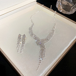 Платина Комплекты украшений из латунных страз с кисточками, комплект из колье и сережек, платина, 13.98 дюйм (355 мм)