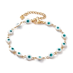 Золотой 304 из нержавеющей стали ссылка браслеты, с застежками эмали и когтя омара, злые глаза, белые, золотые, 7-1/2 дюйм (19 см)