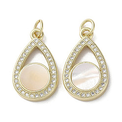 Real 18K Gold Plated Brass Micro Pave Cubic Zirconia Pendants, with Shell, Teardrop, Cadmium Free & Lead Free, Real 18K Gold Plated, 20.5x12x3mm, Hole: 3mm