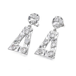 Clear Cubic Zirconia Triangle Dangle Stud Earrings, Real Platinum Plated Brass Jewelry for Women, Nickel Free, Clear, 32.5mm, Pin: 0.8mm