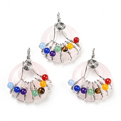 Rose Quartz Chakra Natural Rose Quartz Flat Round Pendants, 7 Chakra Charms with Rack Plating Copper Wire Wrapped, Platinum, 39x28~29x11~23mm, Hole: 5mm