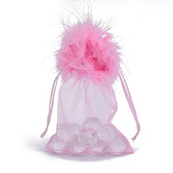 Бледно-Розовый Сумочки из органзы , с кулиской и пером, ювелирные сумки, на свадьбу конфетные мешки, прямоугольные, розовый жемчуг, 15x10.5x0.08 см