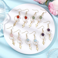 Смешанные камни Серьги-крестики с ракушечным жемчугом, с латунным крючком и бусинами из драгоценных камней, золотые, 57x13.5 мм