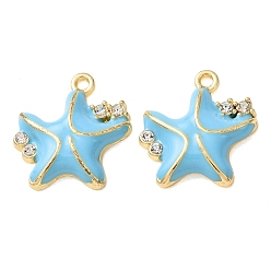 Bleu Clair Pendentifs en émail , breloques en forme d'étoile de mer, avec strass cristal, or, bleu clair, 15.5x15.5x3.5mm, Trou: 1.4mm