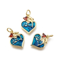 Настоящее золото 18K Латунные микро проложить кубического циркония подвески, без кадмия, без никеля и без свинца, сердце с подвесками в виде дельфинов, с эмалью, реальный 18 k позолоченный, 15.5x12x2.5 мм, отверстие : 3.3 мм