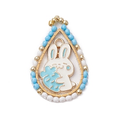 Небесно-голубой Пасхальная тематика стеклянные бусины каплевидной формы с подвесками в виде кроликов, Подвески из эмали и сплава, с золотыми 201 соединительными кольцами из нержавеющей стали, голубой, 31x21x2 мм, отверстие : 1.8 мм