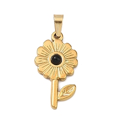 Black Onyx Подвески из натурального черного оникса (окрашенные и нагретые), с 304 нержавеющей стали, ионное покрытие (ip), золотые, подсолнечник, 24.5x13x3~3.5 мм, отверстие : 5x3 мм
